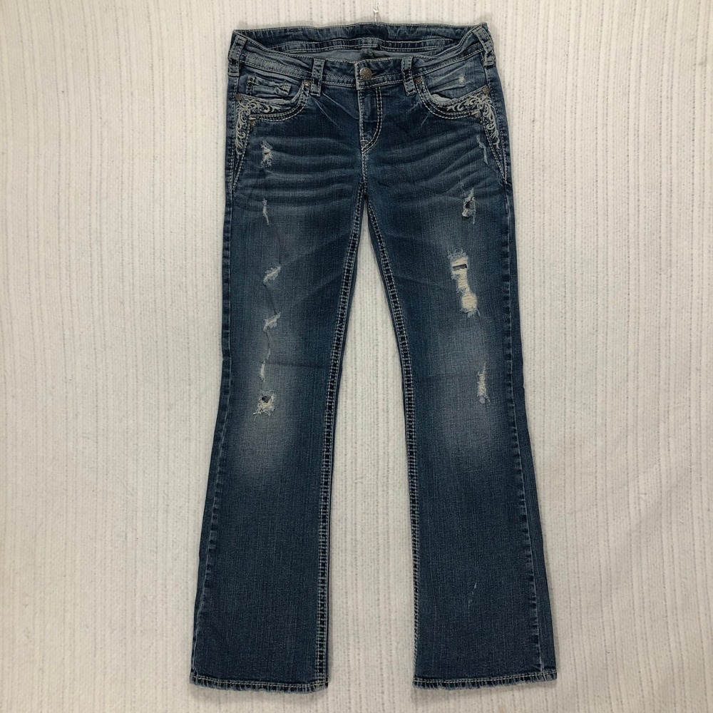 Silver‎ Jeans Bootcut Distressed Dark Wash Embellished Pockets Denim Jeans
